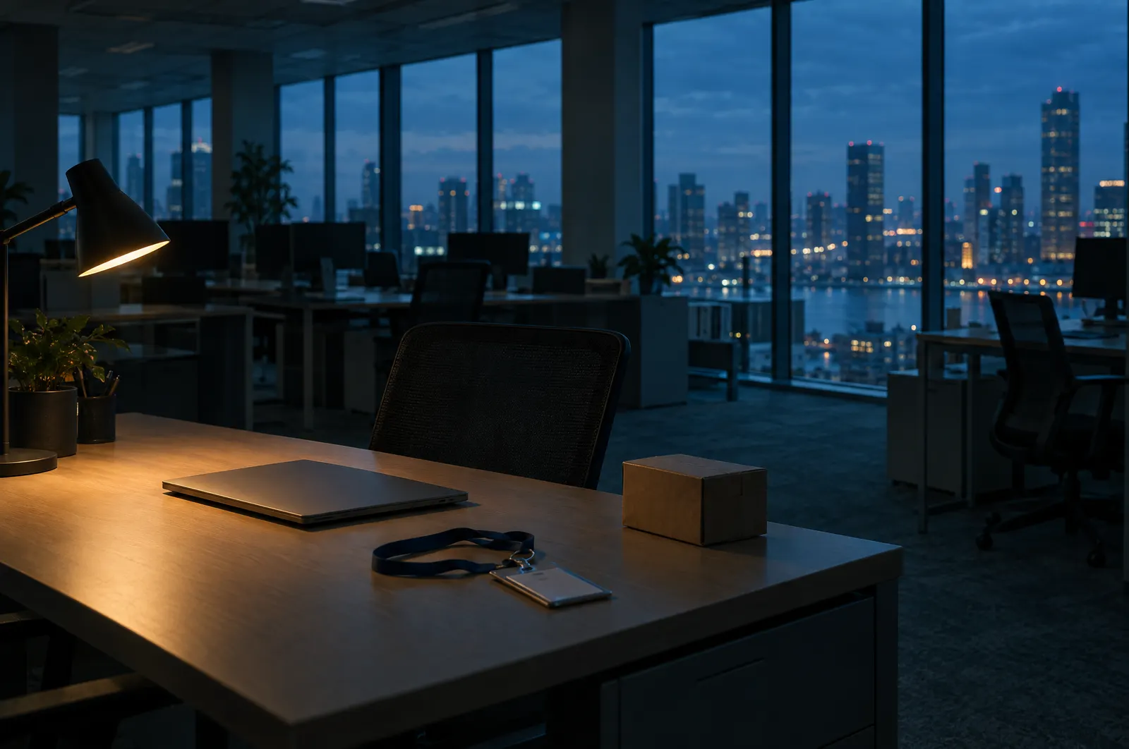 An empty office desk at dusk with an ID badge and a small box