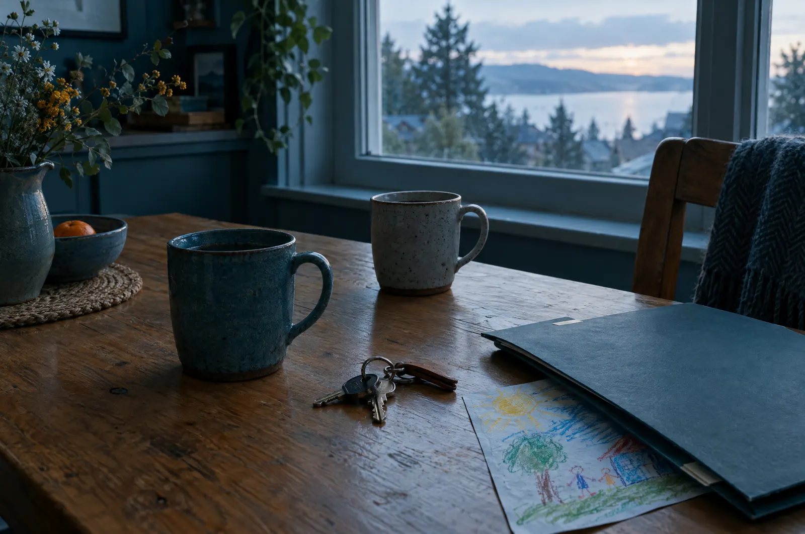 A kitchen table in morning light with two mugs, house keys and a child’s drawing