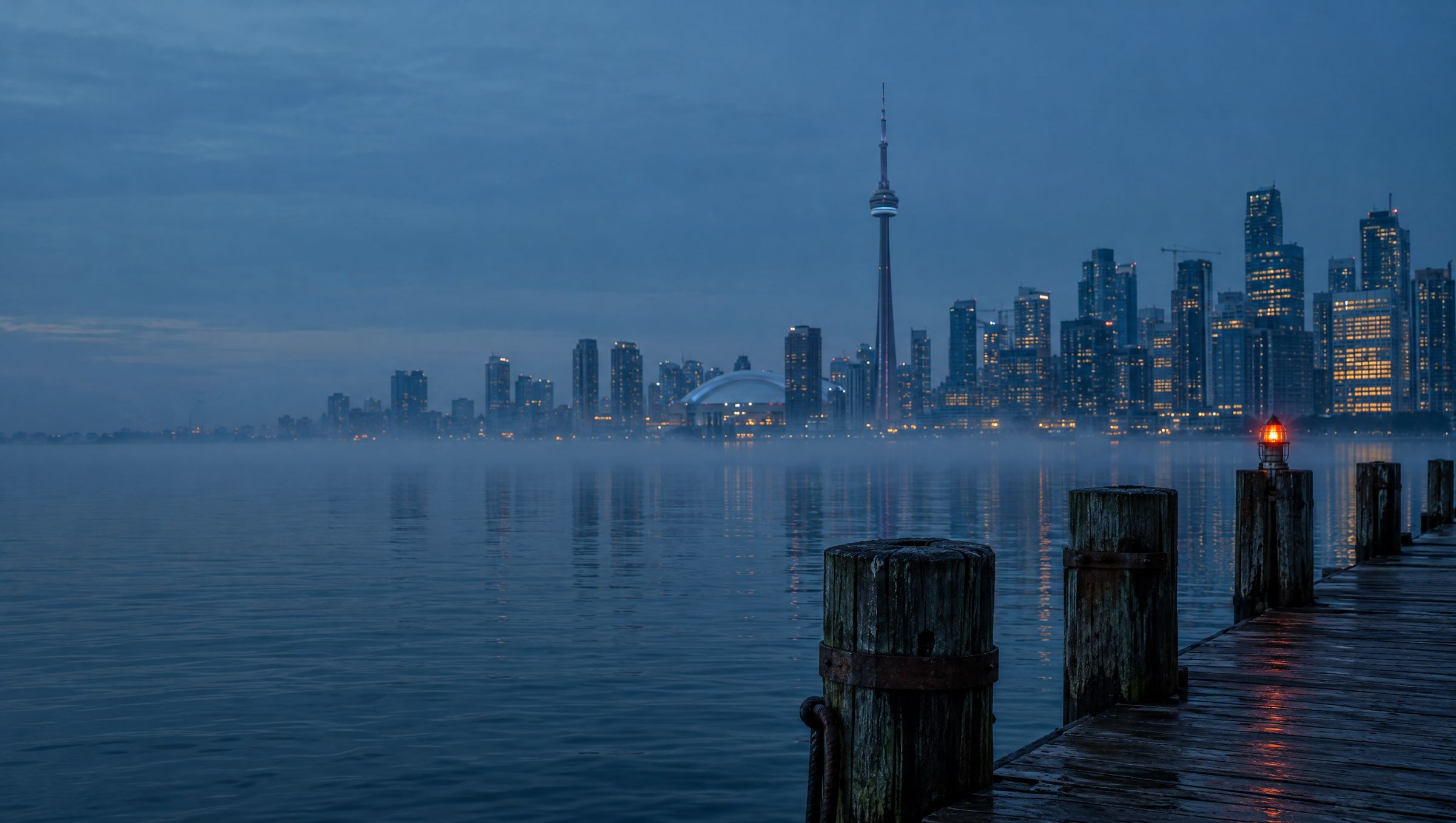 Toronto’s inner harbour at dawn, seen from a wooden pier with a red navigation light